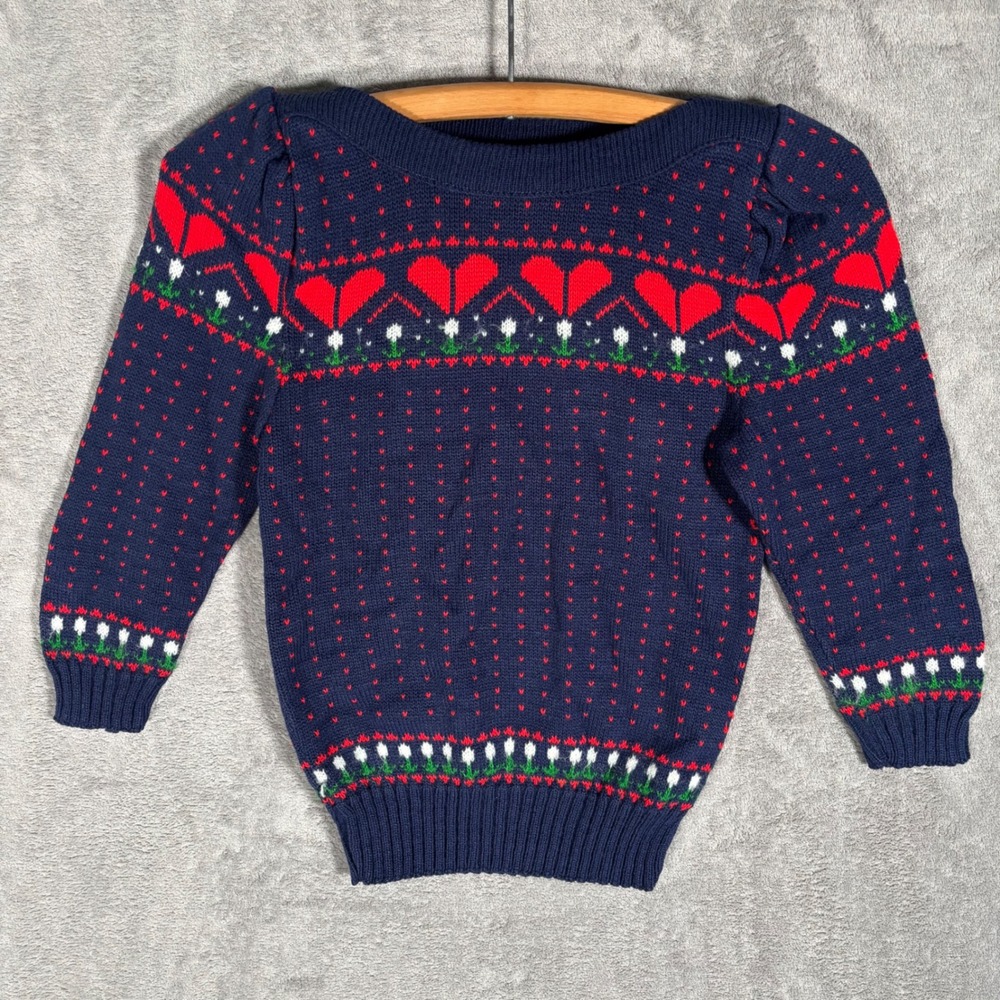 Vintage GAS Co Navy Blue Heart Fair Isle Knit Sweater Girls Size 6 Pullover USA